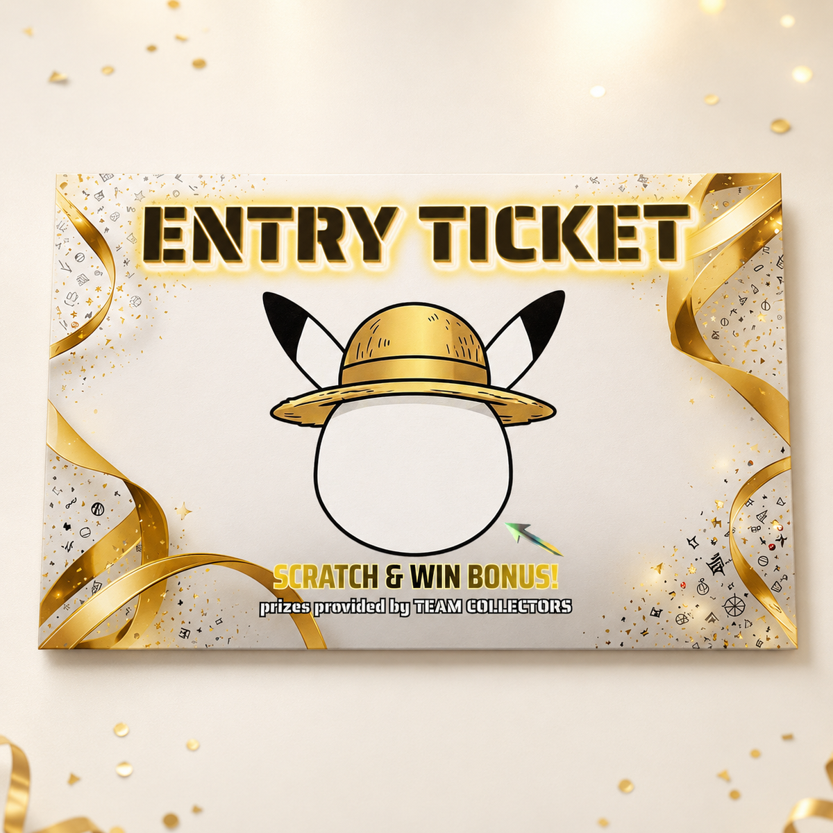 A rectangular entry ticket design with gold foil-like ribbons, confetti, and the large text 'ENTRY TICKET' at the top. The center shows a stylized blank face wearing a gold hat, with smaller text reading 'SCRATCH & WIN BONUS!' and tiny pricing text below.