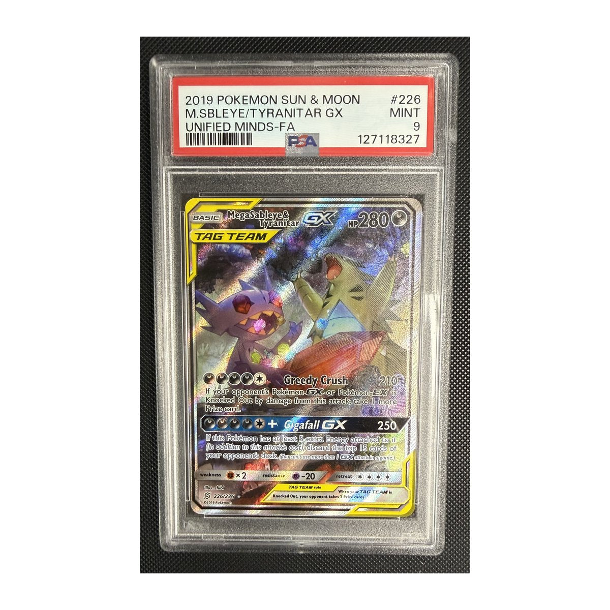 PSA 9 Unified Minds Mega Sableye & Tyranitar GX